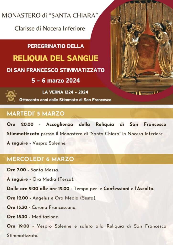 Il programma della tappa della reliquia del sangue di san Francesco presso il monastero di Santa Chiara a Nocera Inferiore